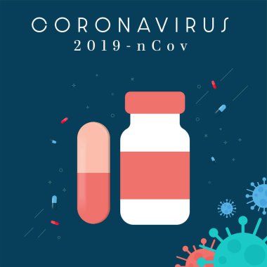 İlaç kapsülleri koyu mavi arka planda izole edilmiş. COVID-19 Corona virüs salgını ve pandemik sağlık risk konsepti. Corona virüs ikonu. Düz stil. Vektör illüstrasyonu.
