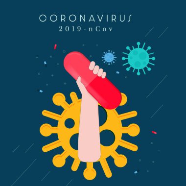 El ele tutuşan ilaç kapsülleri koyu mavi arka planda izole edilmiş. COVID-19 Corona virüs salgını ve pandemik sağlık risk konsepti. Corona virüs ikonu. Düz stil. Vektör illüstrasyonu.