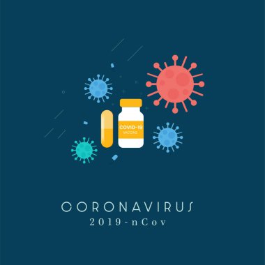 2019-nCoV Coronavirus seti ve koyu mavi arka planda ilaç. COVID-19 Corona virüs salgını ve pandemik sağlık risk konsepti. Corona virüs ikonu. Düz stil. Vektör illüstrasyonu 10