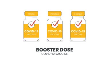 Aşı şişesinin çizim vektörü. Booster Dose COVID-19 Metin ile. Aşı aşısından sonra üçüncü aşı. Bağışıklığı artırmak için destek enjeksiyonu veya COVID-19 aşı artırıcı doz kavramı.