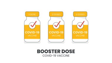 Illustrator vector of Vaccine bottle. with Booster Dose COVID-19 Text. Third booster shots vaccine after primer dose. Booster injection to increase immunity or COVID-19  vaccine booster dose concept. clipart