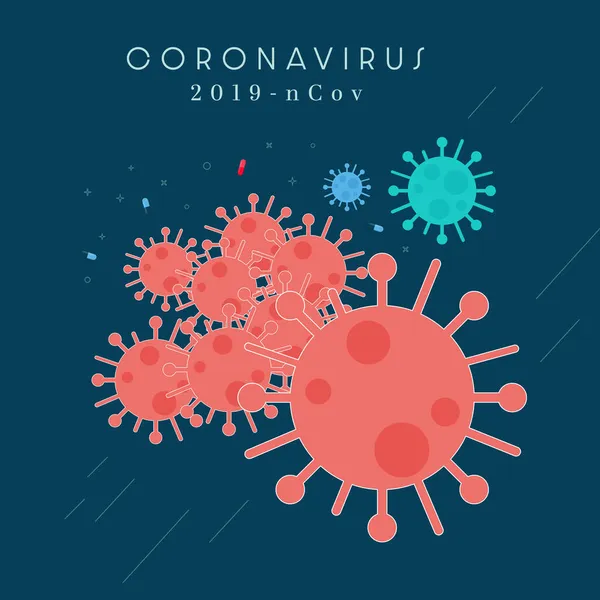 2019-nCoV Coronavirus seti ve koyu mavi arka planda ilaç. COVID-19 Corona virüs salgını ve pandemik sağlık risk konsepti. Corona virüs ikonu. Düz stil. Vektör illüstrasyonu 10