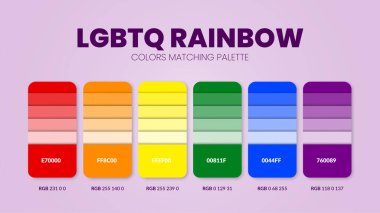 LGBTQ gurur renk paletleri veya renk şemaları bu yıl trend kombinasyonları ve palet rehberleridir; tablo renk gölgeleri RGB veya HEX. Garip gökkuşağı modası, ev ya da iç tasarım için bir renk örneği