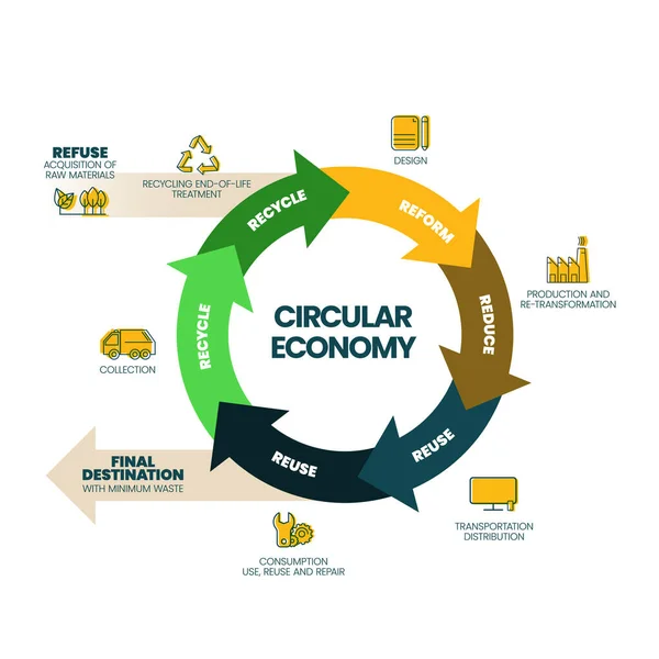 Vector Infographic Diagram Circular Economy Concept Has Dimensions Example Manufacturing — Stock Vector