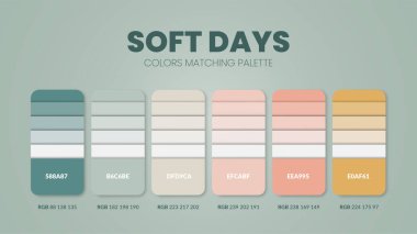 Soft days green color palettes or color schemes are trends combinations and palette guides this year; table color shades in RGB or HEX. A color swatch for a  soft day fashion, home, or interior design