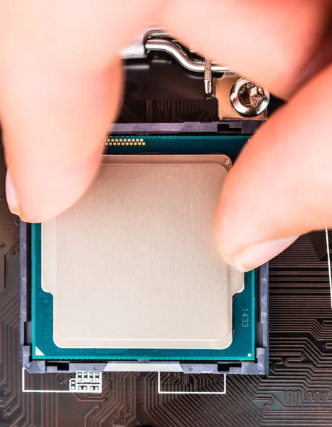 Installatie van de processor van de computer in het stopcontact — Stockfoto