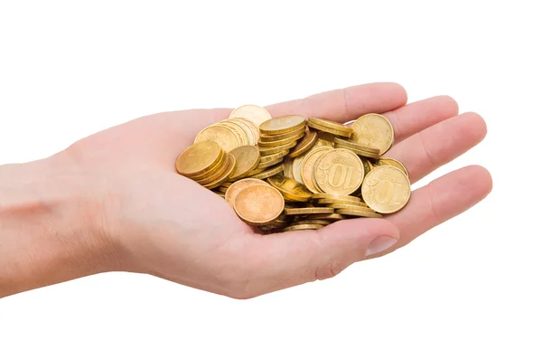 Gold coins on the palm of your hand — Stock Photo, Image