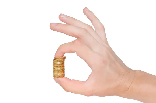 Golden Column coins and hand — Stock Photo, Image