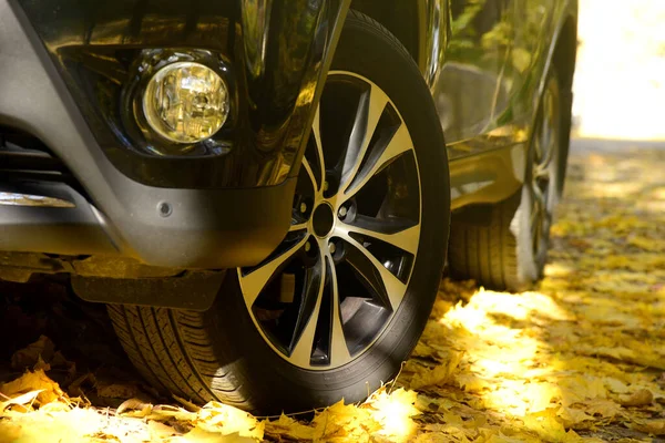 Schwarzes Auto Auf Herbsthintergrund — Stockfoto