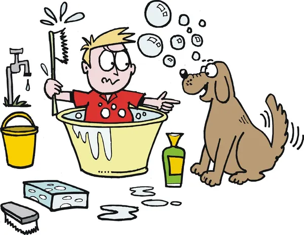 Vector cartoon van jongen probeert te huisdier hond baden. — Stockvector
