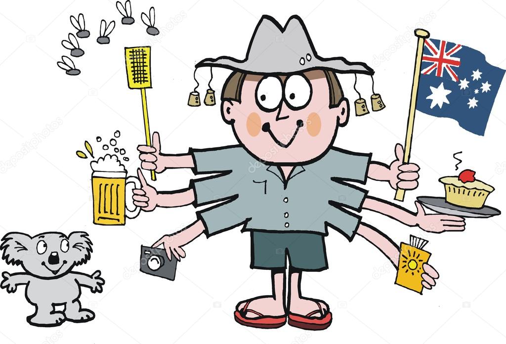 Vector cartoon of Australian man holding flag, fly swatter and pie