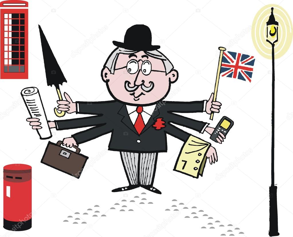 Vector cartoon of Englishman holding umbrella and flag