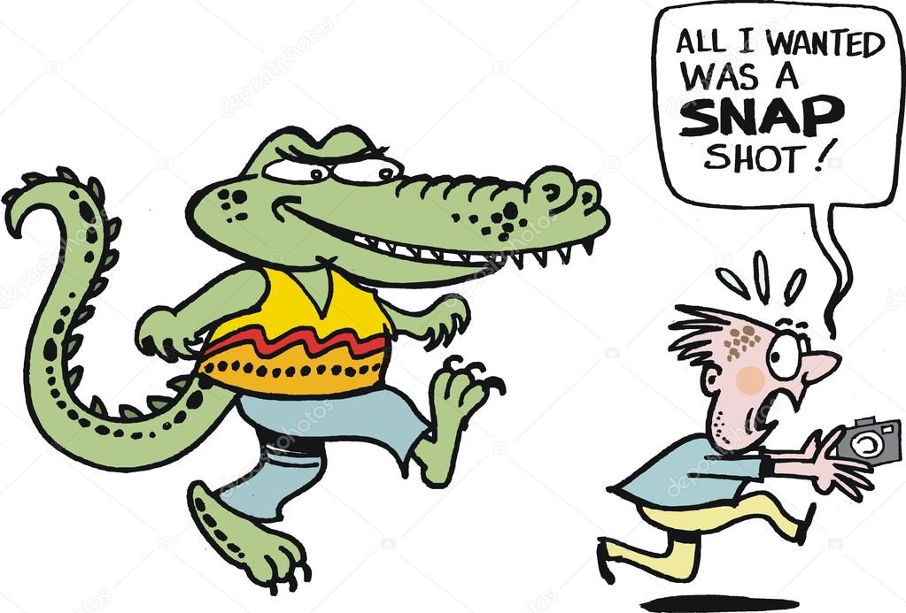 Vector cartoon of man being chased by crocodile.