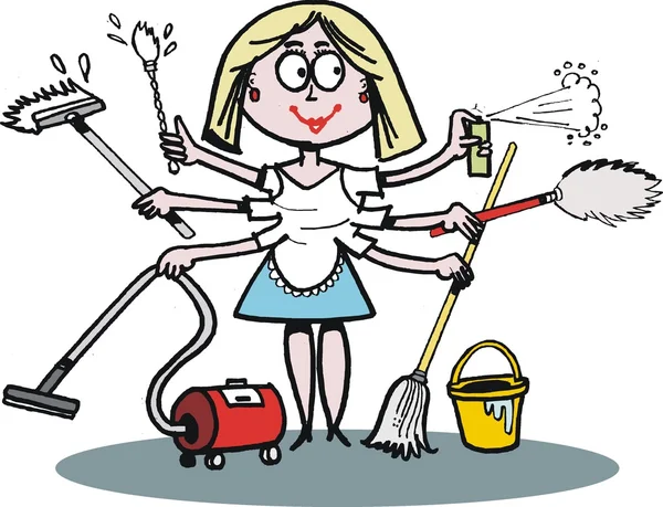 Векторная карикатура на уборку и пыль домохозяек — стоковый вектор