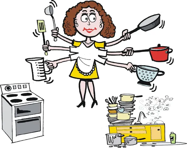 Ocupado dona de casa desenhos animados mostrando mulher no cozinha . — Vetor de Stock