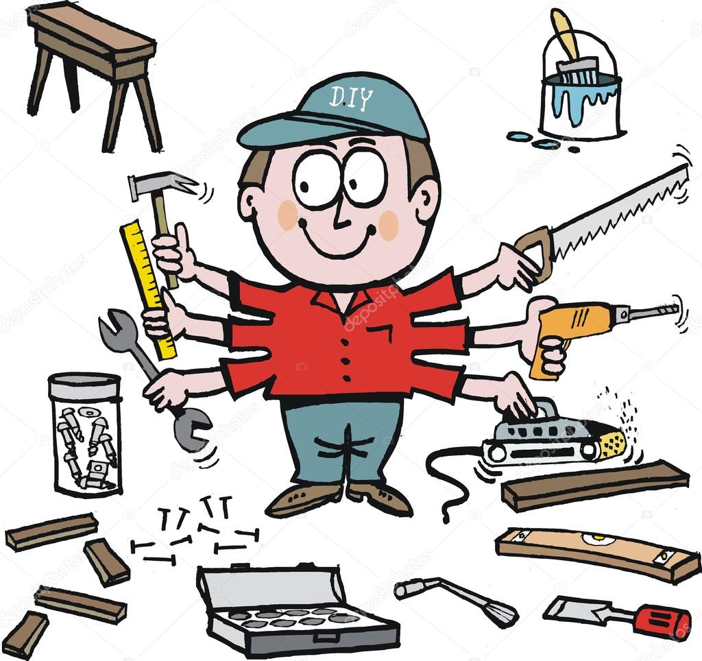 multi tasking handyman cartoon showing different tools.