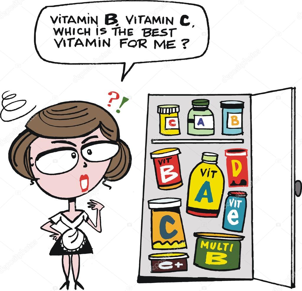 Vector cartoon of confused housewife with large selection of vitamin pills.