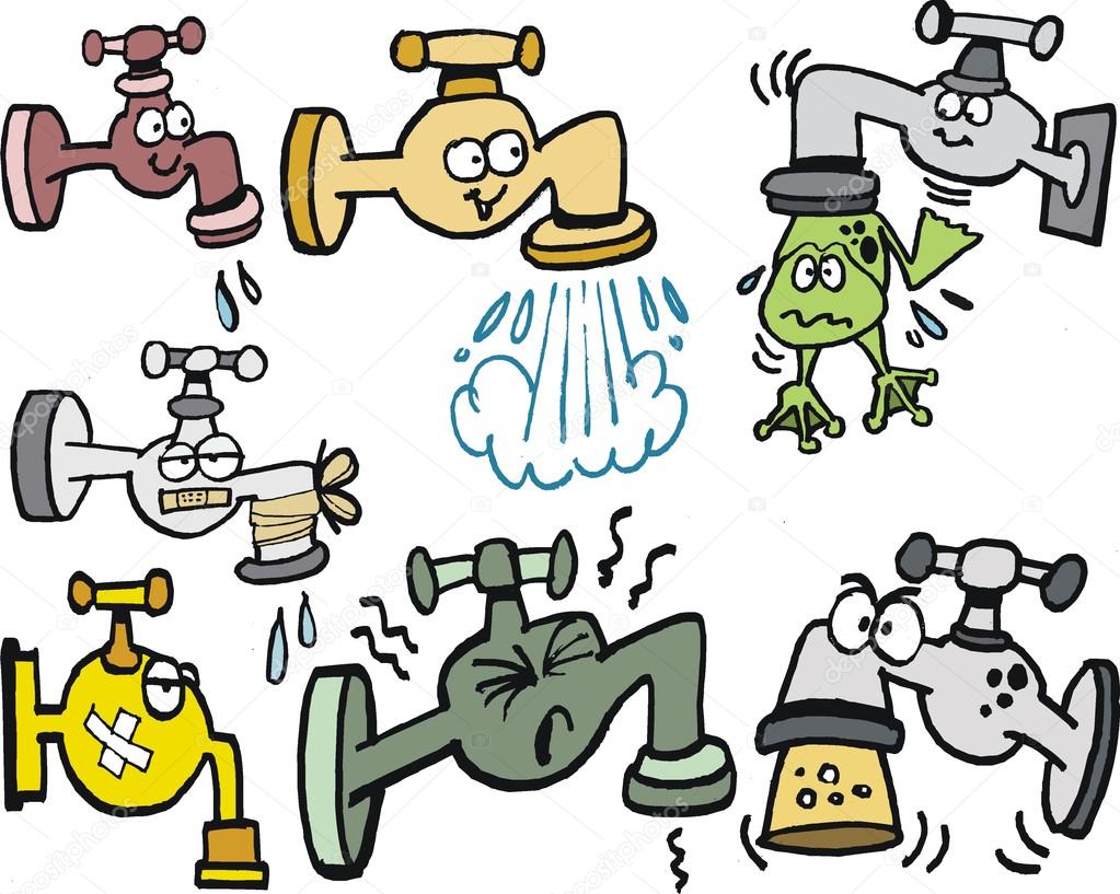 Vector cartoon of assorted taps, leaks and frog.