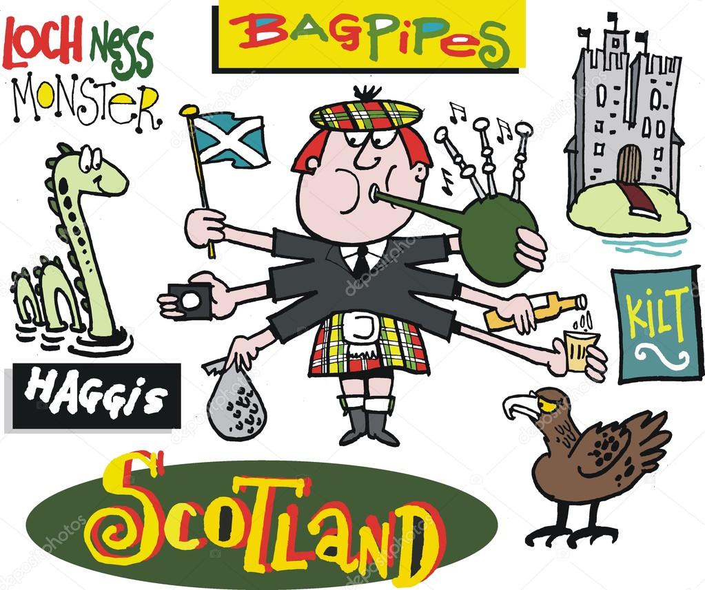 Vector cartoon of Scotsman with Loch Ness monster