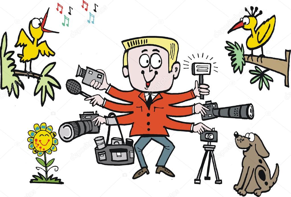 Vector cartoon of keen photographer with camera gear