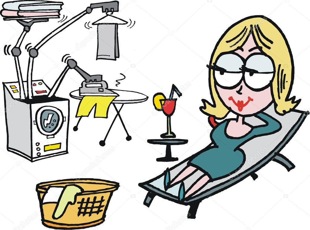 Woman relaxing while robot does housework cartoon