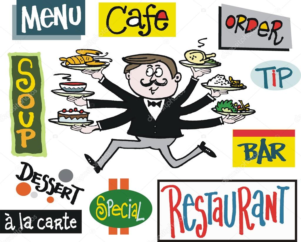 Vector cartoon of running waiter with multiple hands serving food.