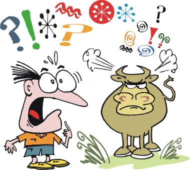 vektör karikatür ürküyor adam kızgın boğa ile.