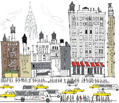 Vector illustration of Manhattan buildings, traffic and pedestrians, New York. vector