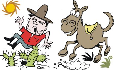 Vector cartoon of cowboy falling off horse. clipart