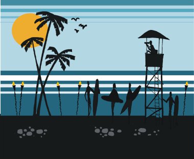 gün batımında vektör çizim Beach-sörfçü.