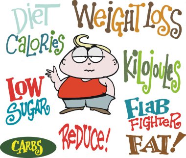 Vector cartoon of overweight man with cartoon signs clipart