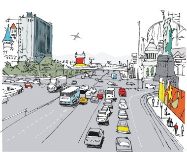 las vegas Strip'te trafik ve yaya ile vektör çizim