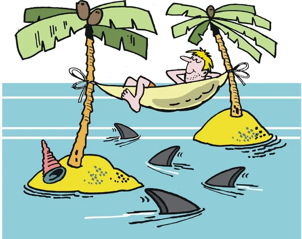 Vector cartoon of man on desert island with hammock and sharks. — Stock Vector