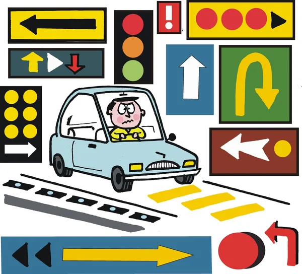 Vector cartoon of motorist with confusing road signs. — Stock Vector
