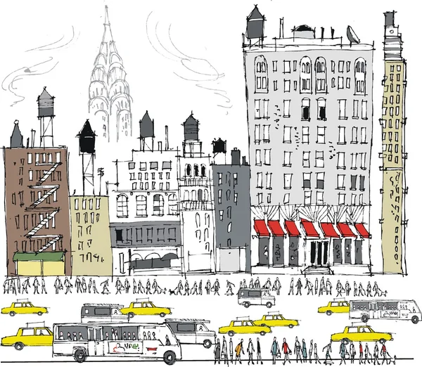 Ilustración vectorial de edificios de Manhattan, tráfico y peatones, Nueva York . — Archivo Imágenes Vectoriales