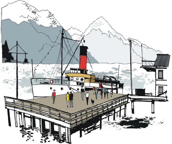 Vektor illustration av historiska ångare på kajen, queenstown, Nya Zeeland — Stock vektor