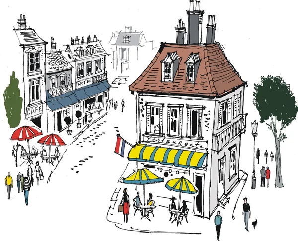 Illustration vectorielle de petit village français avec cafés et — Image vectorielle