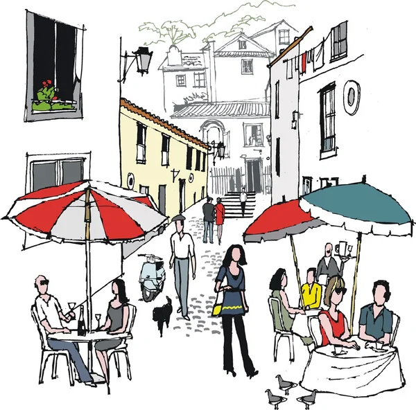 Ilustración vectorial de café callejero y comensales, Monchique, Portugal . — Archivo Imágenes Vectoriales