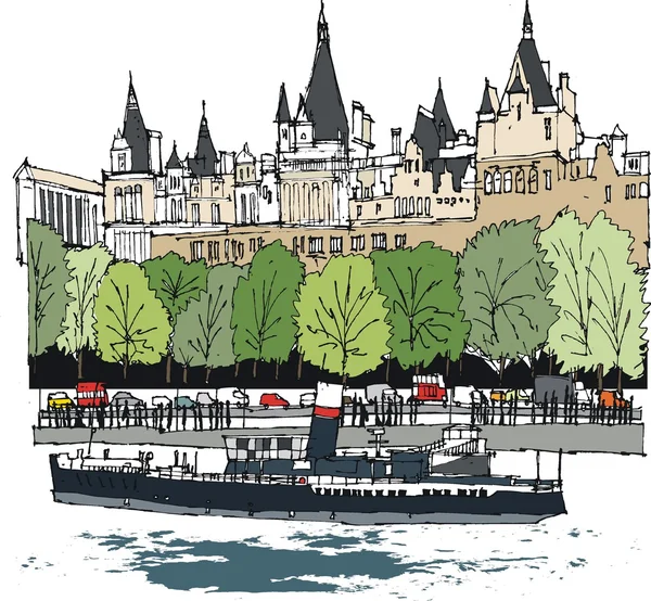 Vektorillustration von Böschungsgebäuden und Boot, London — Stockvektor