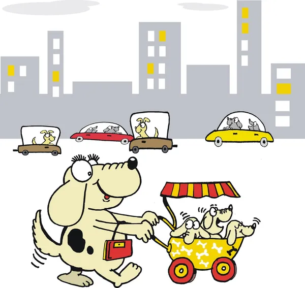 Vector cartoon of dog with puppies in stroller. — Stock Vector