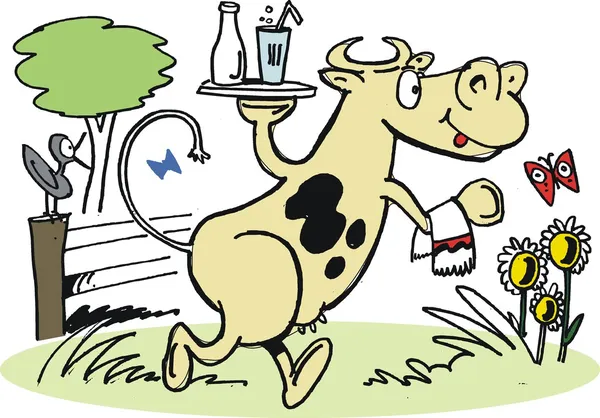 Vector cartoon of cow carrying tray with glass of milk. — Stock Vector