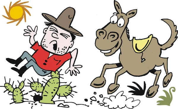 Vektor-Karikatur eines Cowboys, der vom Pferd fällt. — Stockvektor