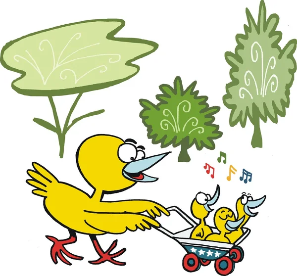 Vector cartoon gele vogel wheeling kuikens in pram — Stockvector