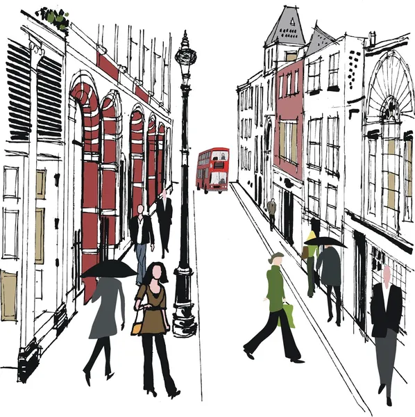 Ilustração vetorial de pedestres na antiga rua de Londres . — Vetor de Stock