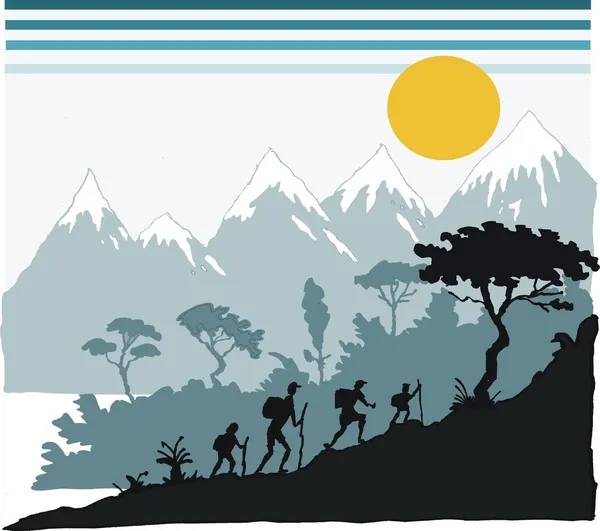 Ilustración vectorial del senderismo familiar en las montañas — Archivo Imágenes Vectoriales