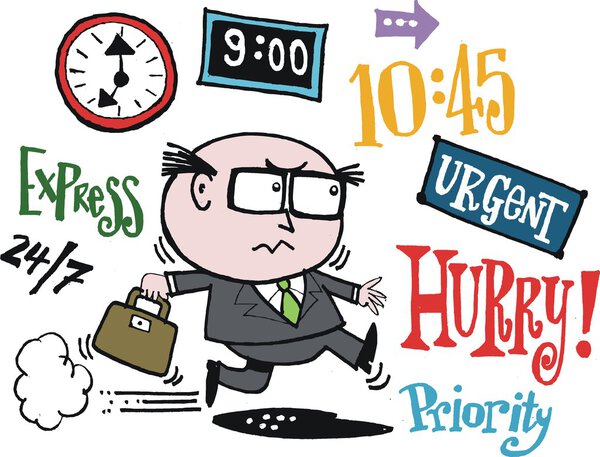 Vector cartoon of business executive running to keep to deadlines.