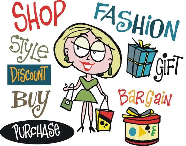 Vector cartoon of woman shopping with signs. — Stock Vector