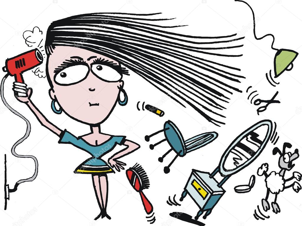 Vector cartoon of woman using hairdryer