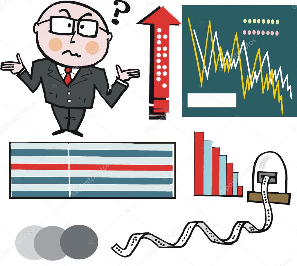 Vector cartoon of businessman and stock market graphs