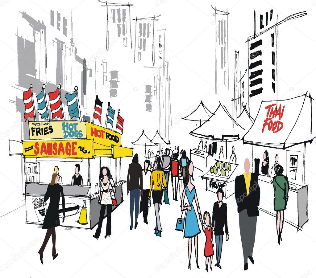Vector illustration of food market and , New York city.